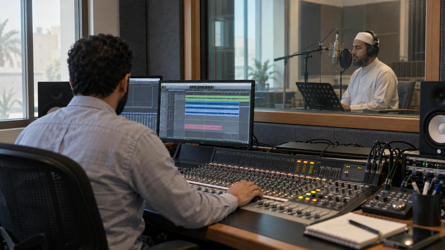 Audio engineer monitoring a recitation recording
