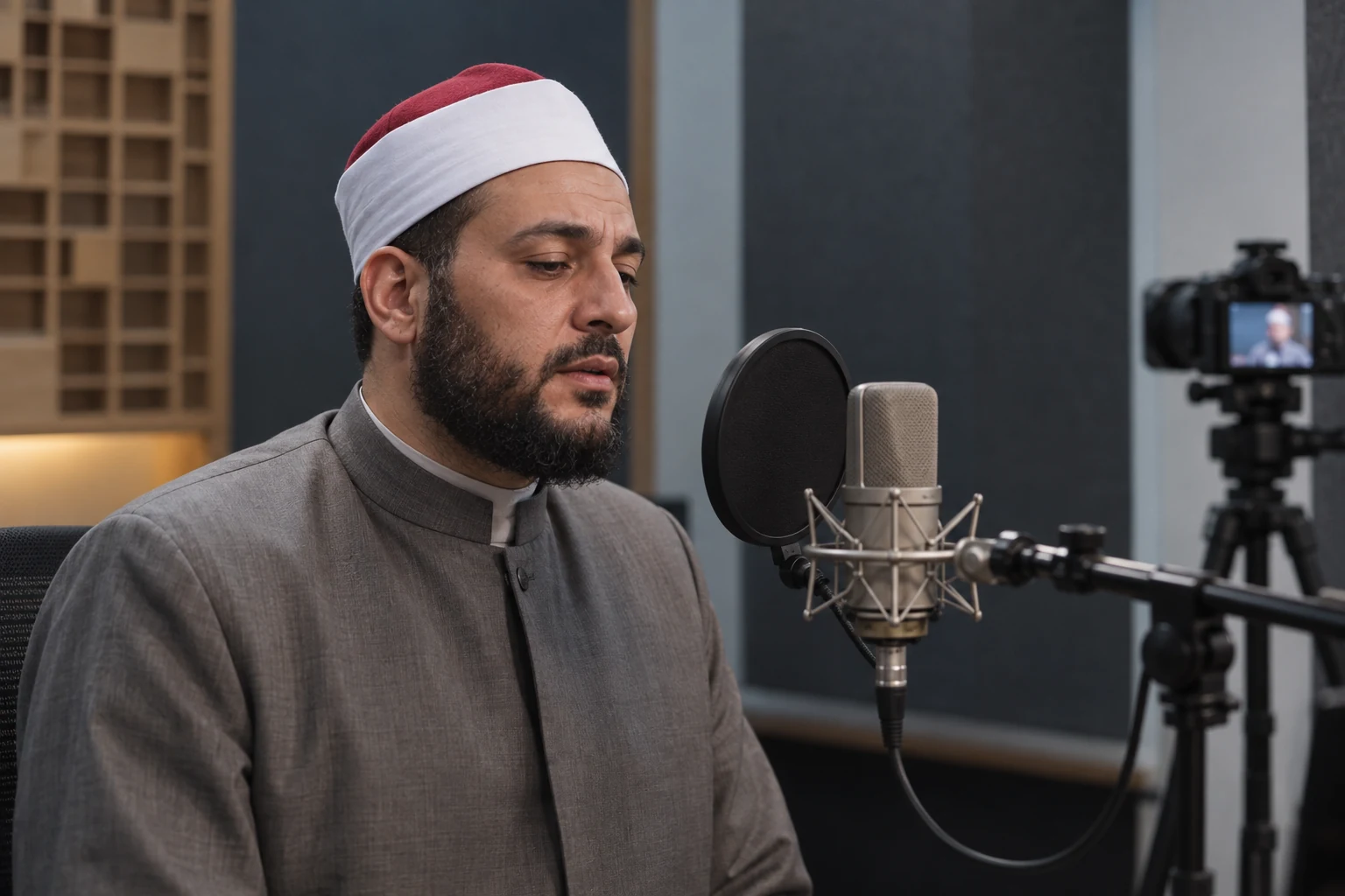 Qur’an reciter recording in a video studio