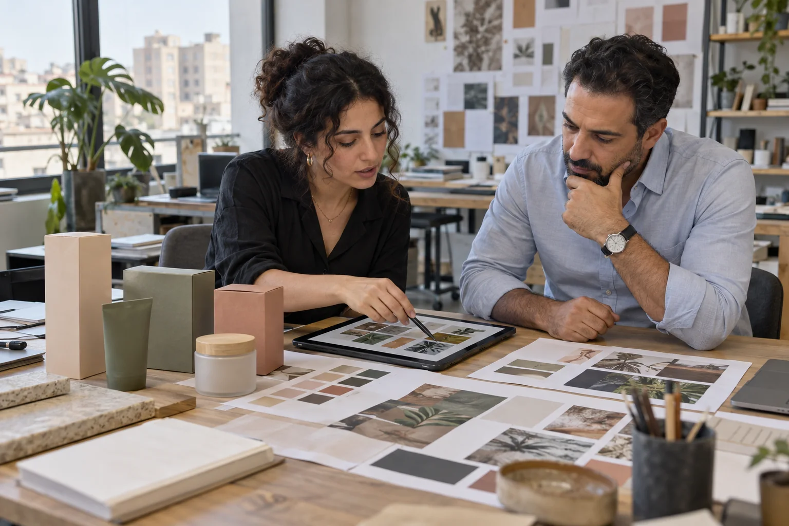 Designer and business owner reviewing visual concepts on a tablet