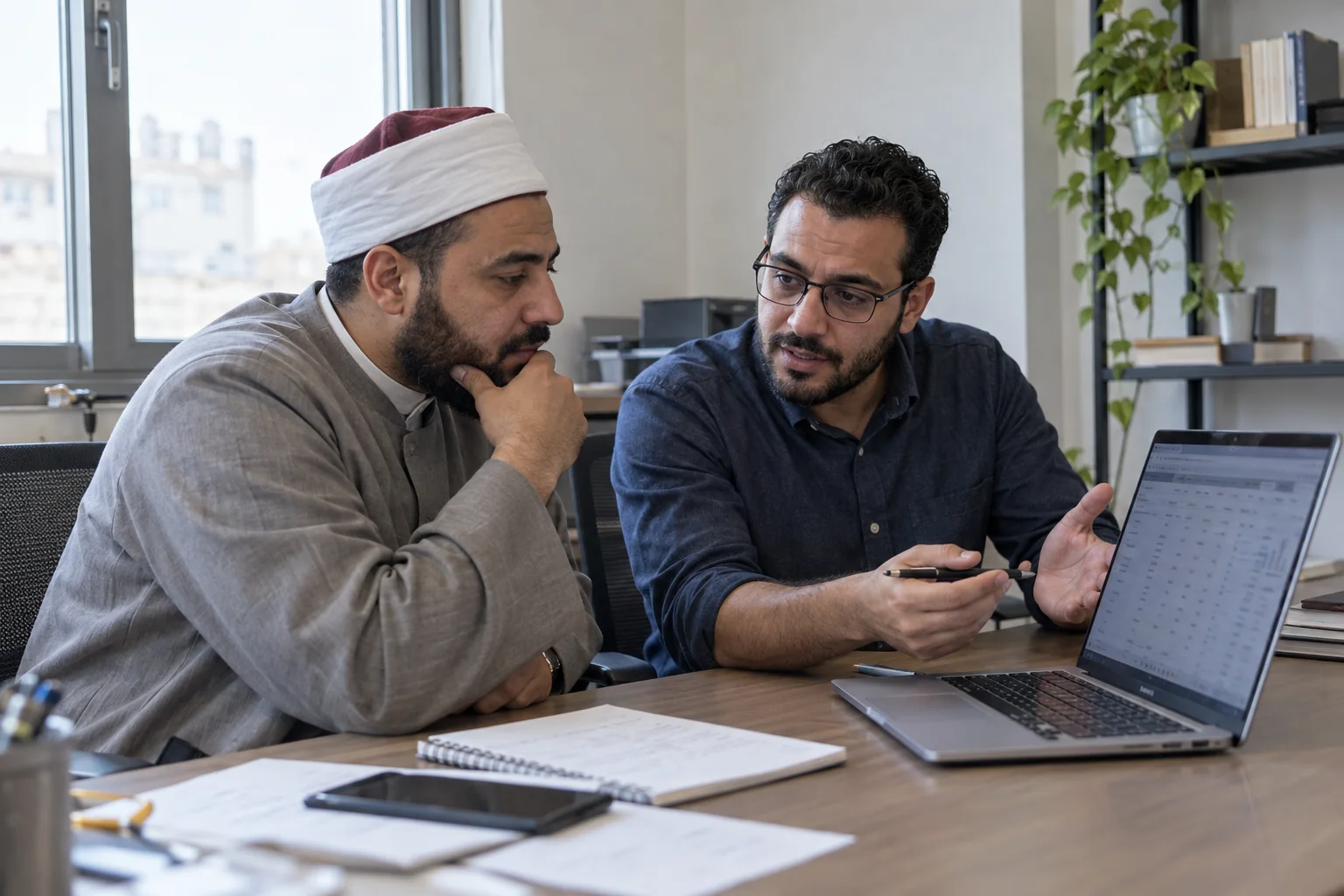 Quran reciter and media specialist reviewing content performance together