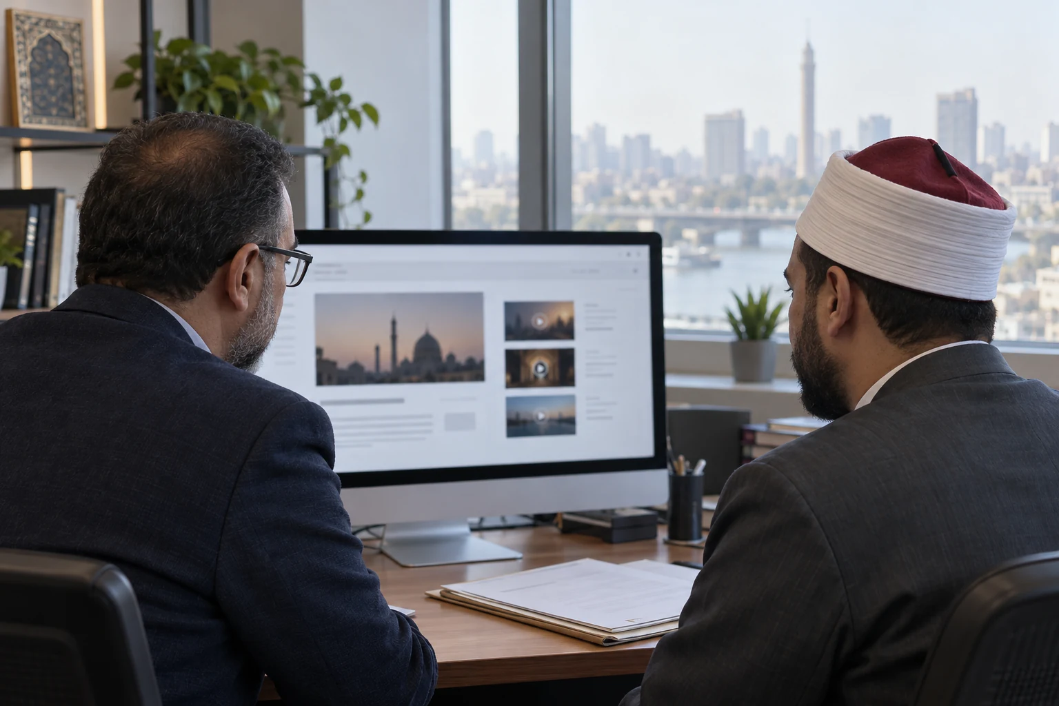 Reciter and manager reviewing a digital release