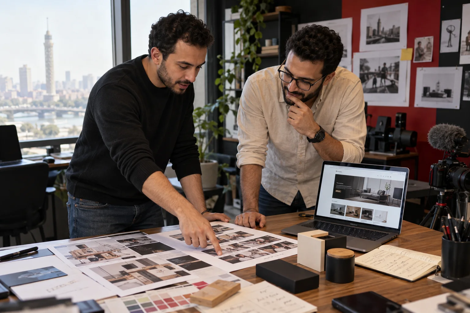 Agency advisor and client reviewing content plans, brand samples and a company website