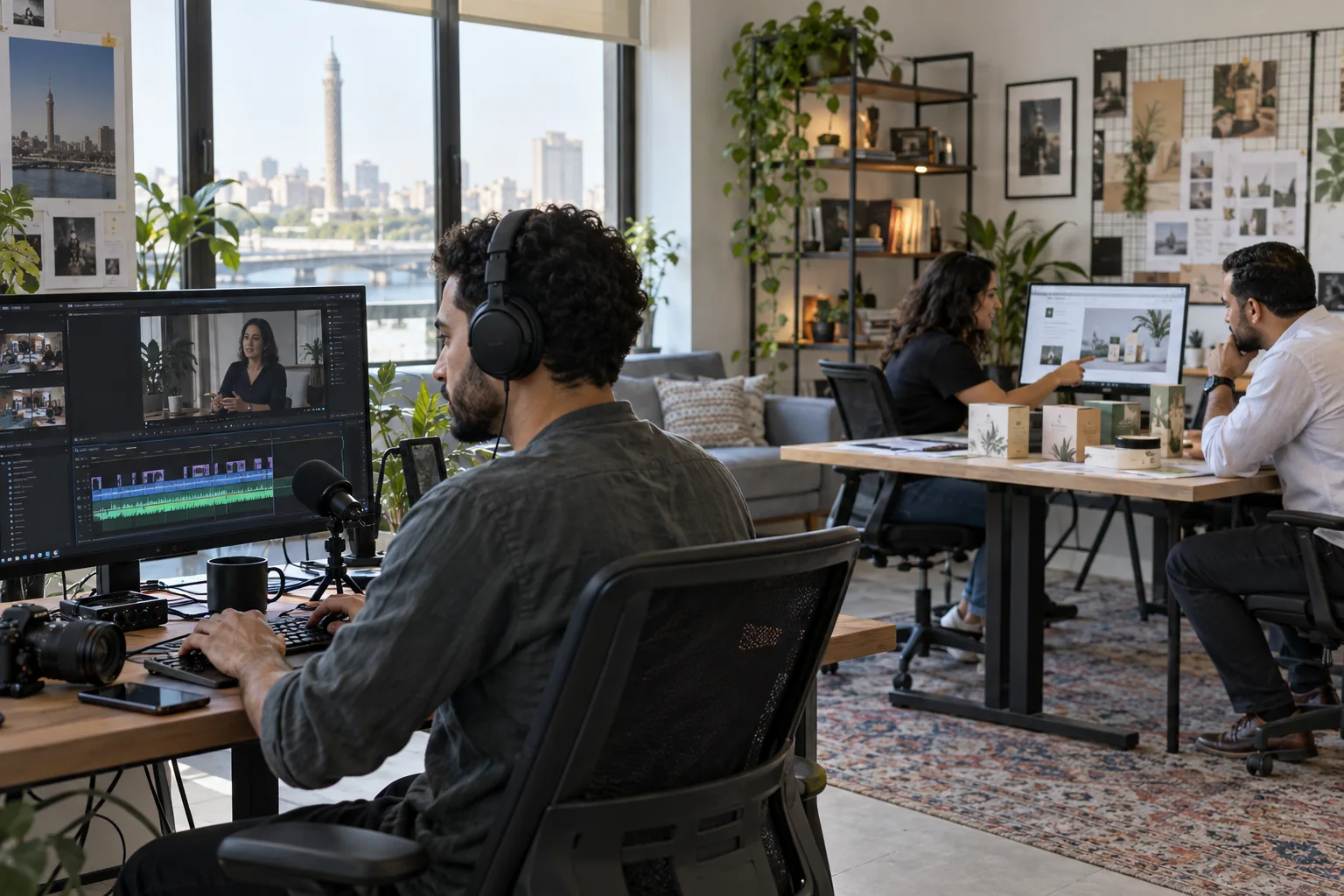 Creative team editing content while planning a company website and product campaign