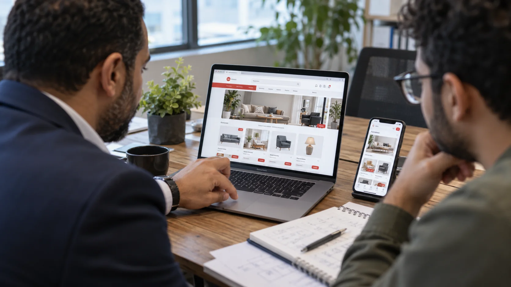 Business owner and developer reviewing a website on laptop and phone